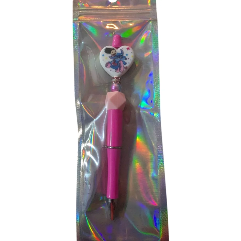 Hand Crafted Lilo Stitch Pen Heart Charm Beaded Pink Handmade NEW